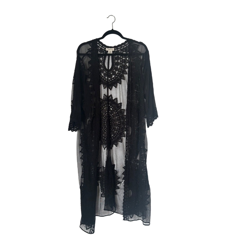Rachel Zoe Sheer Black Lace Kimono Duster OS Aztec Floral Crochet Beach Cover Up